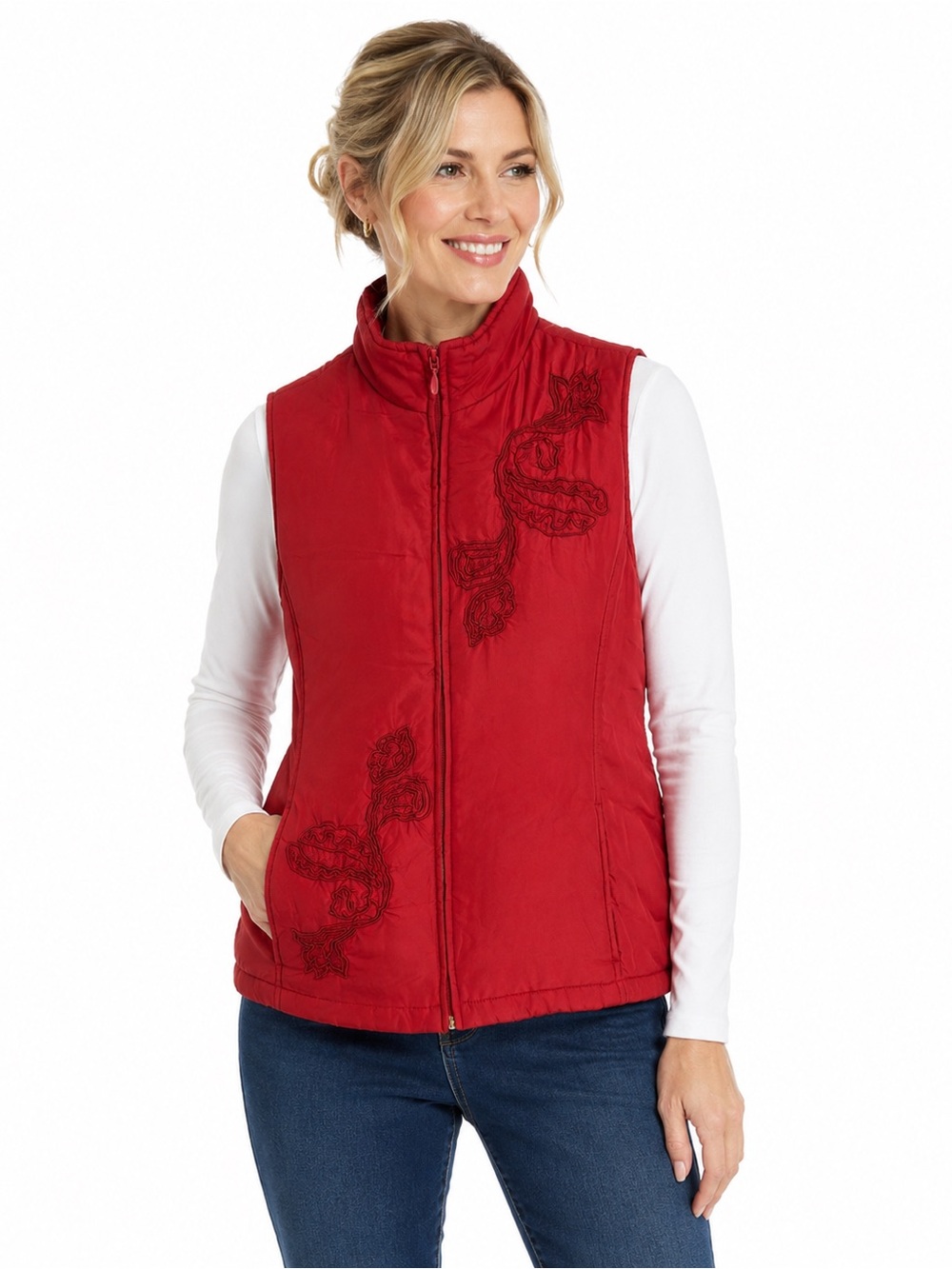 Coldwater Creek 100% Silk Red Embroidered Puffer Vest Medium
